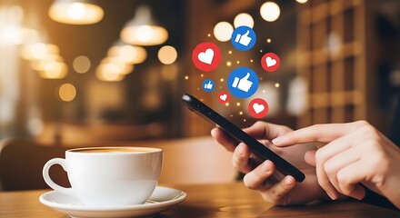 Person using smartphone with social media likes and reactions floating above coffee shop background