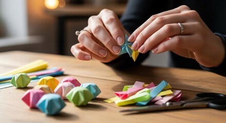 Naklejka premium Close-up of hands crafting colorful origami stars from folded paper strips on a wooden table.