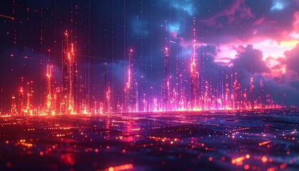 A futuristic cityscape glows with vibrant neon lights, illuminated by a dramatic, colorful sky.