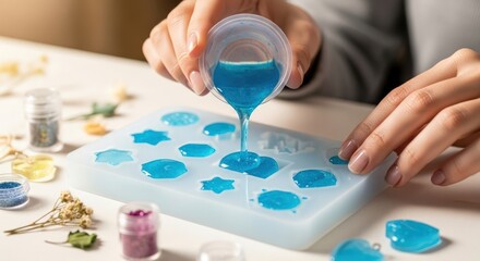 Naklejka premium A person is pouring blue resin into a silicone mold to create small decorative shapes.