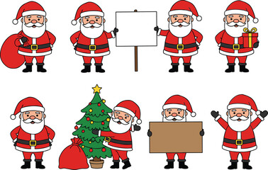 Santa Claus with gift, Christmas reindeer, decorated tree with elves, festive balloons, reindeer face wreath, holiday celebration vector illustration