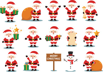 Cute cartoon Santa Claus with gifts, Christmas sack, scroll, snowman, holiday decorations, festive celebration illustration, merry Christmas vector