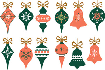 Elegant Christmas ornaments collection with festive decorations, hanging baubles, snowflakes, holiday bells, winter celebration vector illustration for seasonal design