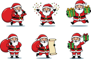 Santa Claus holding gifts, Christmas tree with decorations, Santa carrying bag, blank signs, festive holiday poses, cartoon winter illustration