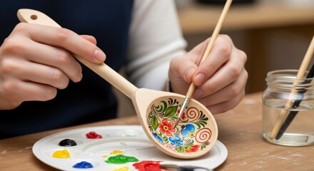 A person's hands are shown painting a colorful floral design onto a wooden spoon with a small brush.