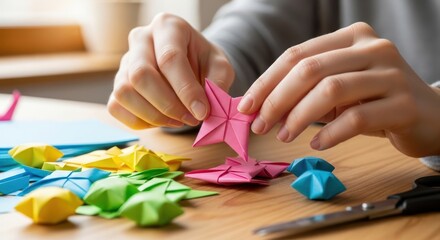 Naklejka premium Close-up of hands folding colorful origami stars on a wooden desk, surrounded by finished paper crafts and scissors.