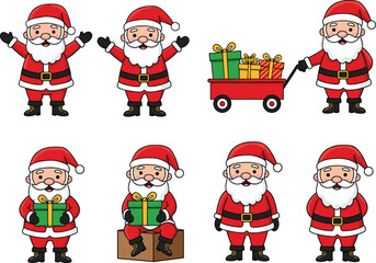 Cute cartoon Santa Claus collection with Christmas gifts, holiday celebration character set, festive illustration for decoration, greeting cards and design