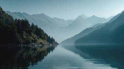 Serene mountainscape with mirrored lake reflecting peaks, capturing tranquility