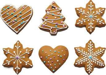 Christmas gingerbread cookies decorated with icing and sprinkles, festive holiday treats shaped as snowflakes, hearts, and Christmas tree designs