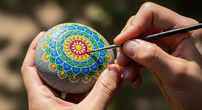 Close-up of hands painting a colorful mandala pattern onto a smooth gray stone with a fine-tipped brush.