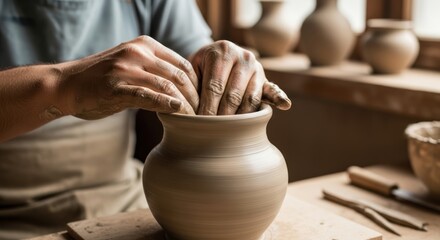 A potter's hands skillfully shaping a clay vase on a pottery wheel in a sunlit studio.