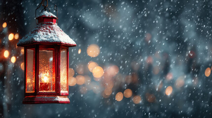 Beautiful red lantern covered in snow hangs against blurred background of soft, glowing lights, creating warm and cozy atmosphere amidst falling snowflakes
