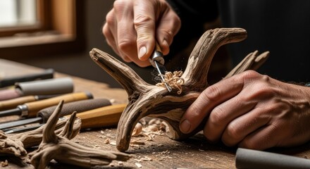 Naklejka premium A craftsman meticulously carves a piece of driftwood with a small chisel, surrounded by wood shavings and other carving tools on a wooden workbench.