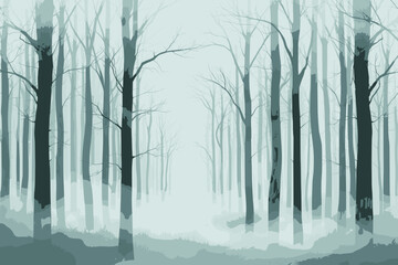 Fototapeta premium A vector illustration of a misty forest with tall trees and soft fog, using solid colors and a white background