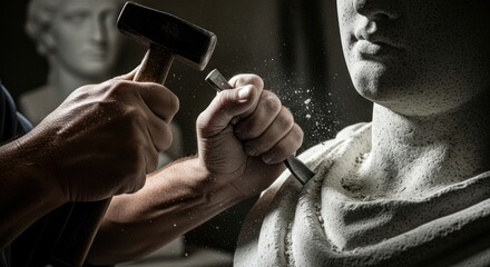 A sculptor's hands meticulously carve a marble bust with a hammer and chisel, dust flying.