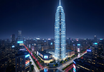 Obraz premium Cityscape with a tall building in the center. The building is made of glass and has a futuristic look. The city is lit up at night, giving it a vibrant and energetic atmosphere