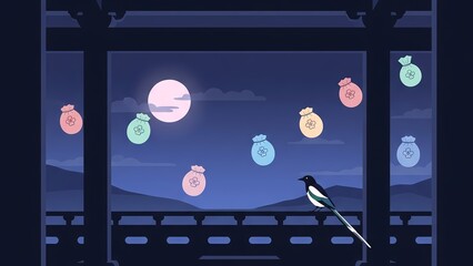 Korean New Year's illustration with traditional lucky bags, magpies and moon