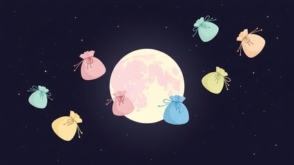 Korean New Year's illustration with traditional lucky bags, magpies and moon