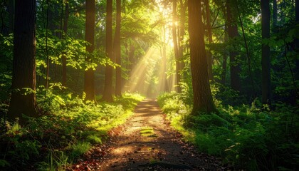 Obraz premium Sunlit Forest Path with Warm Golden Light Rays Through Green Trees Ultra Sharp Detail