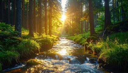 Obraz premium Sunlit Forest Stream Flowing Over Rocks With Mossy Banks and Vibrant Green Foliage Under a Dramatic Sky With a Cinematic HDR Effect