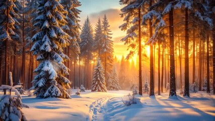 Serene winter wonderland: Sunlit forest covered in pristine snow and ice crystals, showcasing the - Powered by Adobe