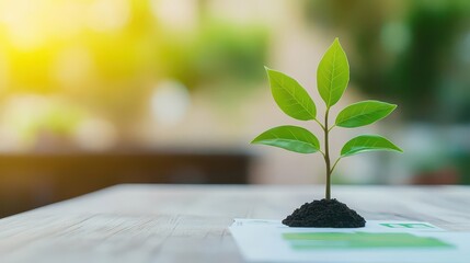 Vibrant Green Young Plant Growing with Fresh Green Leaves in Soil on White Surface with Blurred Nature Background for Eco-Friendly and Sustainability Concepts
