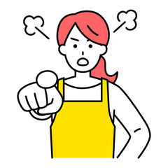 指差して怒るエプロン姿の女性