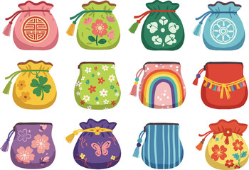 Colorful decorative drawstring pouches, traditional fabric bags, floral patterns, rainbow design, festive cultural accessories, handmade style, flat vector illustration