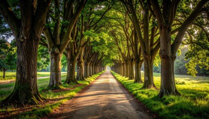 Obraz premium Sun Drenched Dirt Road Tunneling Through Trees with Green Foliage and Grassy Ground in Warm Light Scenery with Bokeh Effects