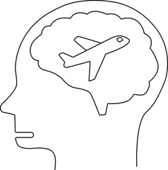 human head brain icon and airplane icon in flight with white background