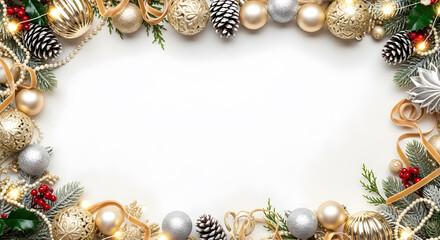 Elegant gold and silver Christmas ornaments, pinecones, and greenery festive border on white background