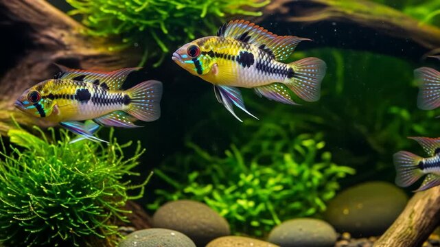 Group of colorful fish swim in a lush freshwater aquarium scene
