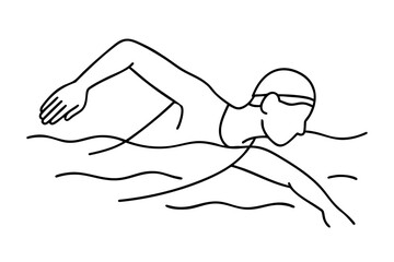 Minimalist black and white line art illustration of a swimmer practicing freestyle breathing, turning head to the side while one arm pulls underwater, faceless line drawing, step-by-step educational s