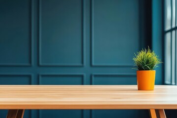 Bright Modern Interior with Stylish Blue Wall and Natural Wooden Table Featu a Vibrant Orange Plant Pot with Green Foliage and Natural Light Streaming Through Large