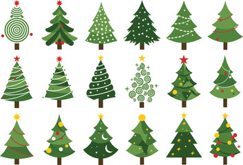 Collection of decorative Christmas trees, festive holiday pine illustrations, green fir ornaments, winter celebration icons, seasonal decoration set, vector design