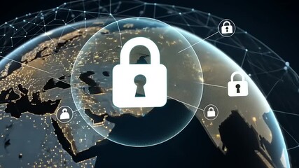Digital globe with a padlock symbolizing global cybersecurity and data protection in a networked world - Powered by Adobe