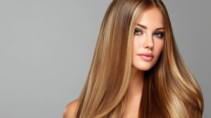 Fototapeta premium Beautiful woman with long, silky hair, showcasing flawless complexion and captivating eyes. image highlights elegance and beauty, perfect for beauty and hair care themes