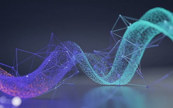 Particles form abstract digital wave. Represents tech, AI, networks. For marketing, web design, science visuals.