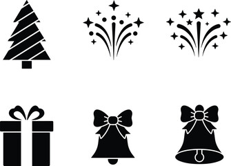 Christmas silhouette icons, festive tree, fireworks, gift box, holiday bells with bow, New Year celebration, black vector decoration set