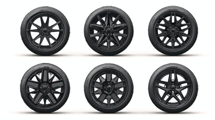 Six Black Car Wheels Different Designs.