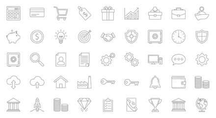 A comprehensive collection of business and finance-related line icons, featuring symbols for banking, investment, and commerce.