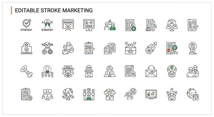 Editable stroke marketing icons, various business concepts, including security, global reach, growth, analysis, and collaboration.