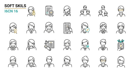 Obraz premium A collection of line art icons representing various soft skills and professional attributes, suitable for business and HR contexts.