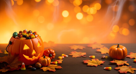 Overflowing Halloween pumpkin candy bucket with autumn leaves, warm bokeh, festive trick-or-treat scene