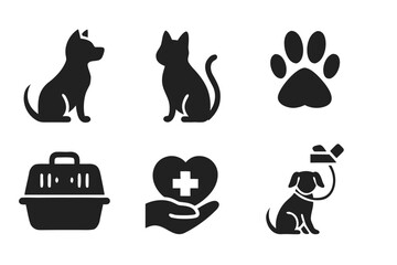 Vector icon collection depicting pets, veterinary care, and pet accessories in a simple flat design suitable for various applications 
