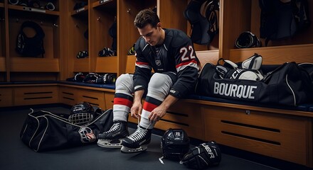 Preparing for the Ice: A focused hockey player in the locker room gets ready, lacing up skates before a game, displaying focus, anticipation, and sporting attire within the team's setting.