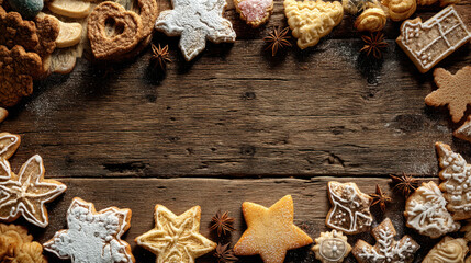 Delicious holiday cookies arranged in festive display on rustic wooden table, showcasing various shapes and decorations, creating warm and inviting atmosphere