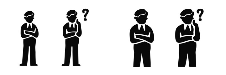Set of black silhouette icons depicting a businessman in various poses of thinking, questioning, and contemplation with a question mark symbol for business concepts