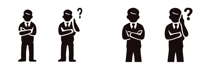 Set of black silhouette icons depicting a businessman in various poses of thinking, questioning, and contemplation with a question mark symbol for business concepts