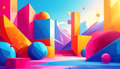 Vibrant geometric forms create a colorful, stylized landscape; bold shapes and vibrant hues combine to form a dynamic and playful scene.